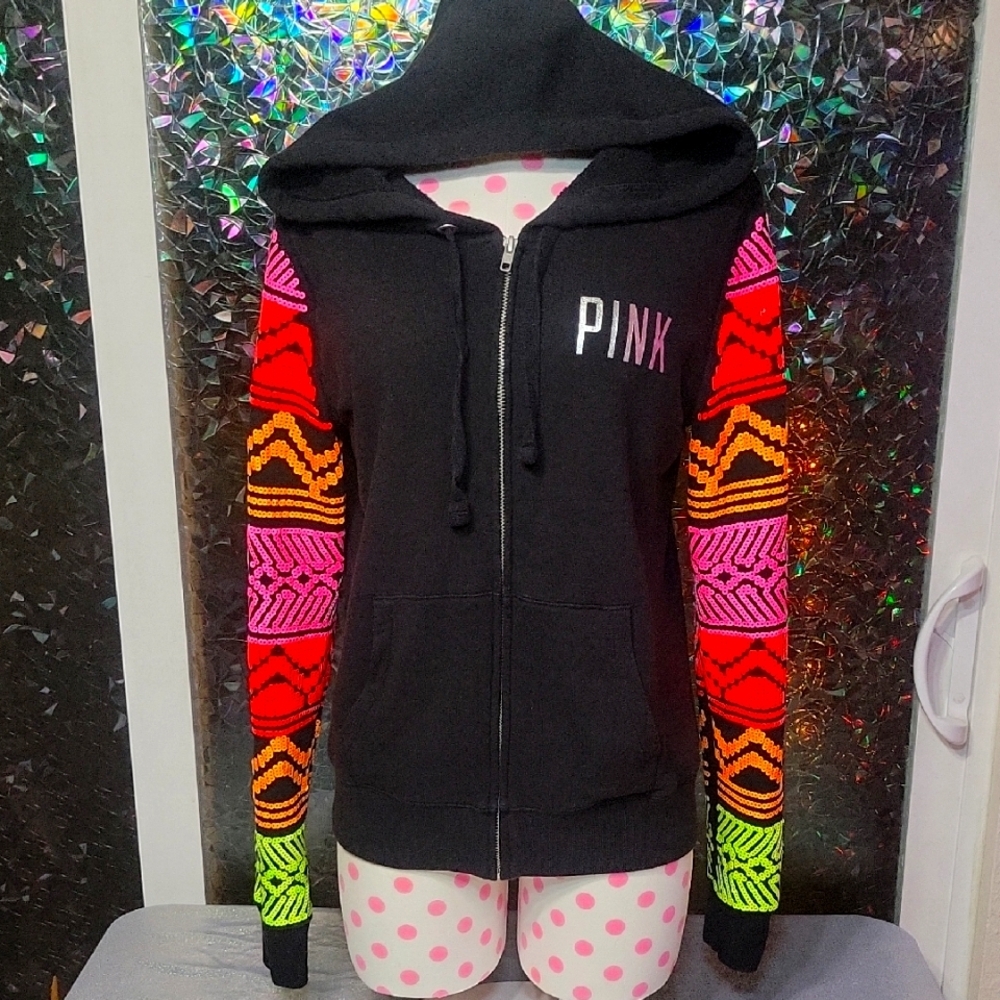 Rare HTF Neon Aztec Sequin Major Bling Black Zip Up Hoodie/ Jacket SZ: M